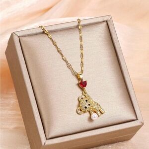 Gold Teddy Pendant Necklace with Red Heart and Pearl Accent